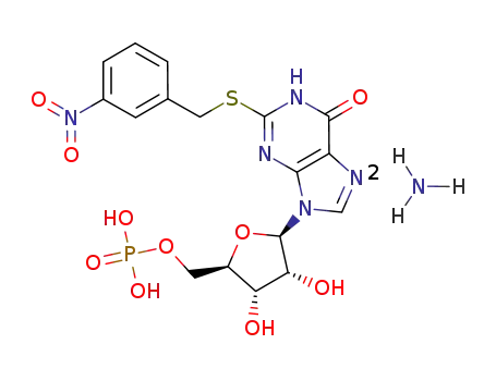Molecular Structure of 88868-89-7 (5'-Xanthosinic acid, 2-S-[(3-nitrophenyl)methyl]-2-thio-, diammonium
salt)