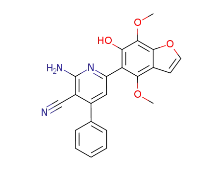 Molecular Structure of 89403-73-6 (3-Pyridinecarbonitrile,
2-amino-6-(6-hydroxy-4,7-dimethoxy-5-benzofuranyl)-4-phenyl-)