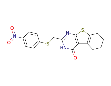 Molecular Structure of 91225-76-2 (2-(4-Nitro-phenylsulfanylmethyl)-5,6,7,8-tetrahydro-3H-benzo[4,5]thieno[2,3-d]pyrimidin-4-one)