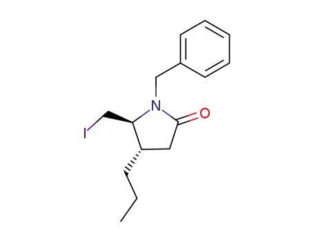 Molecular Structure of 123076-38-0 (cis-N-benzyl-5-(iodomethyl)-4-n-propyl-pyrrolidin-2-one)
