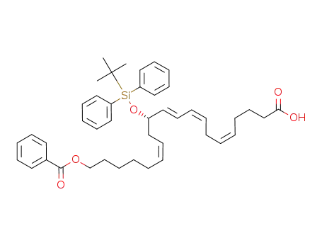 Molecular Structure of 100311-80-6 (Benzoic acid (6Z,10E,12Z,15Z)-(S)-9-(tert-butyl-diphenyl-silanyloxy)-19-carboxy-nonadeca-6,10,12,15-tetraenyl ester)