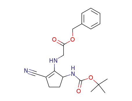 Molecular Structure of 114518-87-5 ((5-tert-Butoxycarbonylamino-2-cyano-cyclopent-1-enylamino)-acetic acid benzyl ester)