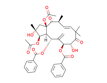 Molecular Structure of 100215-74-5 (1H-Cyclopentacyclododecene-4,9-dione,1,3a-bis(acetyloxy)-11,13-bis(benzoyloxy)-2,3,3a,5,8,10,11,12,13,13a-decahydro-2,10-dihydroxy-2,5,8,8-tetramethyl-12-methylene-,(1R,2R,3aR,5S,6E,10R,11S,13R,13aS)-)