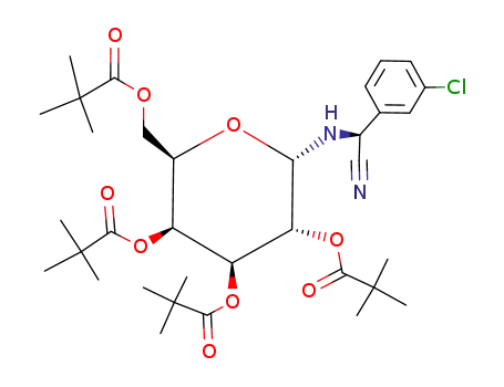 Molecular Structure of 120255-38-1 (2,2-Dimethyl-propionic acid (2S,3R,4S,5S,6R)-2-{[(S)-(3-chloro-phenyl)-cyano-methyl]-amino}-3,5-bis-(2,2-dimethyl-propionyloxy)-6-(2,2-dimethyl-propionyloxymethyl)-tetrahydro-pyran-4-yl ester)