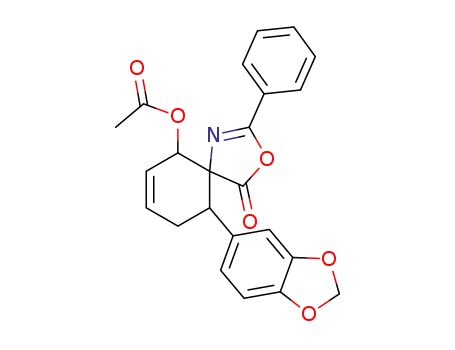 Molecular Structure of 126713-54-0 (Acetic acid 10-benzo[1,3]dioxol-5-yl-4-oxo-2-phenyl-3-oxa-1-aza-spiro[4.5]deca-1,7-dien-6-yl ester)