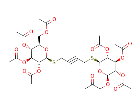 Molecular Structure of 83476-61-3 (Acetic acid (2S,3S,4S,5R,6S)-3,5-diacetoxy-2-(2-oxo-propoxy)-6-[4-((2S,3R,4S,5R,6R)-3,4,5-triacetoxy-6-acetoxymethyl-tetrahydro-pyran-2-ylsulfanyl)-but-2-ynylsulfanyl]-tetrahydro-pyran-4-yl ester)