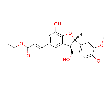 Molecular Structure of 125803-62-5 (Ethyl (E)-3-<(2R<sup>*</sup>,3S<sup>*</sup>)-7-hydroxy-2-(4-hydroxy-3-methoxyphenyl)-2,3-dihydro-3-hydroxymethylbenzofuran-5-yl>propenoate)