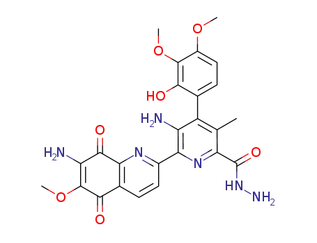 Molecular Structure of 99520-41-9 ((4Z)-5-amino-6-(7-amino-6-methoxy-5,8-dioxo-5,8-dihydroquinolin-2-yl)-4-(4,5-dimethoxy-6-oxocyclohexa-2,4-dien-1-ylidene)-3-methyl-1,4-dihydropyridine-2-carbohydrazide)