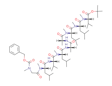 Molecular Structure of 116236-40-9 (L-Valine,
N-methyl-N-[N-methyl-N-[N-methyl-N-[N-[N-[N-methyl-N-[N-[N-methyl-N
-[N-methyl-N-[(phenylmethoxy)carbonyl]glycyl]-L-leucyl]-L-valyl]-L-leucyl]-L
-alanyl]-D-alanyl]-L-leucyl]-L-leucyl]-, 1,1-dimethylethyl ester)