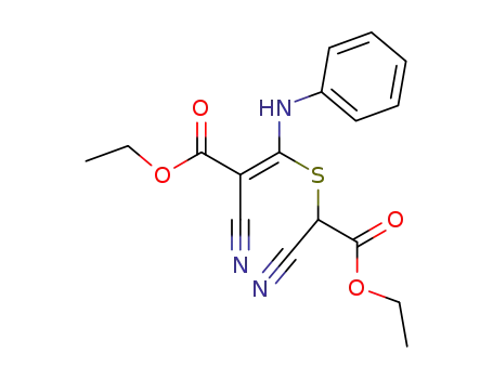 Molecular Structure of 144558-54-3 (2-Propenoic acid,
2-cyano-3-[(1-cyano-2-ethoxy-2-oxoethyl)thio]-3-(phenylamino)-, ethyl
ester)
