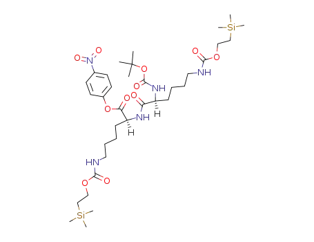 Molecular Structure of 122903-61-1 ((S)-2-[(S)-2-tert-Butoxycarbonylamino-6-(2-trimethylsilanyl-ethoxycarbonylamino)-hexanoylamino]-6-(2-trimethylsilanyl-ethoxycarbonylamino)-hexanoic acid 4-nitro-phenyl ester)