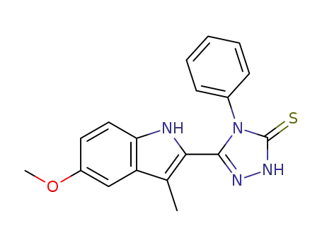 Molecular Structure of 126016-41-9 ((5Z)-5-(5-methoxy-3-methyl-2H-indol-2-ylidene)-4-phenyl-1,2,4-triazolidine-3-thione)