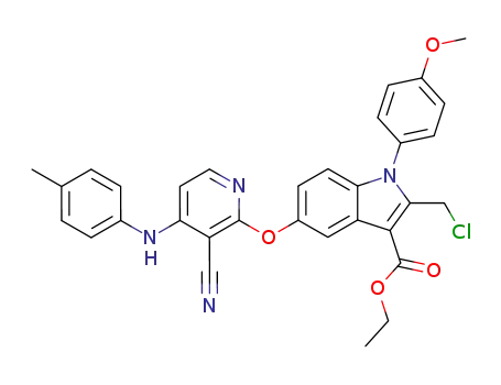 Molecular Structure of 136038-31-8 (2-Chloromethyl-5-(3-cyano-4-p-tolylamino-pyridin-2-yloxy)-1-(4-methoxy-phenyl)-1H-indole-3-carboxylic acid ethyl ester)