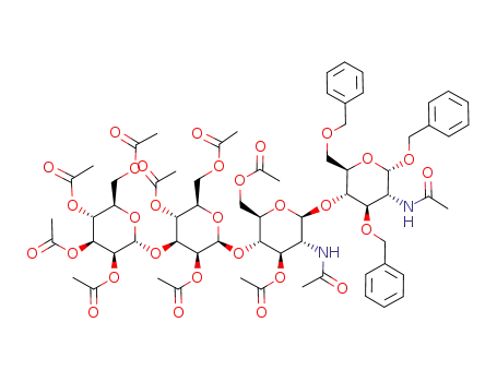 Molecular Structure of 79157-02-1 (benzyl O-(2,3,4,6-tetra-O-acetyl-α-D-mannopyranosyl)-(1<*>3)-O-(2,4,6-tri-O-acetyl-β-D-mannopyranosyl)-(1<*>4)-O-(2-acetamido-3,6-di-O-acetyl-2-deoxy-β-D-glucopyranosyl)-(1<*>4)-2-acetamido-3,6-di-O-benzyl-2-deoxy-α-D-glucopyranoside)
