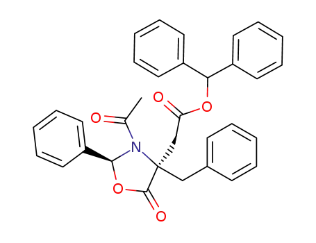 Molecular Structure of 192325-26-1 (((2S,4R)-3-Acetyl-4-benzyl-5-oxo-2-phenyl-oxazolidin-4-yl)-acetic acid benzhydryl ester)