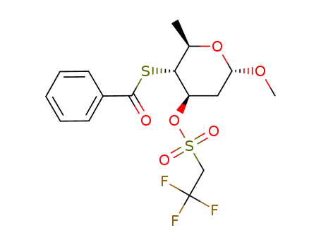 Molecular Structure of 219702-29-1 (Methyl 4-S-benzoyl-2,6-dideoxy-4-thio-3-O-(2,2,2-trifluoroethylsulfonyl)-α-D-arabino-hexopyranoside)