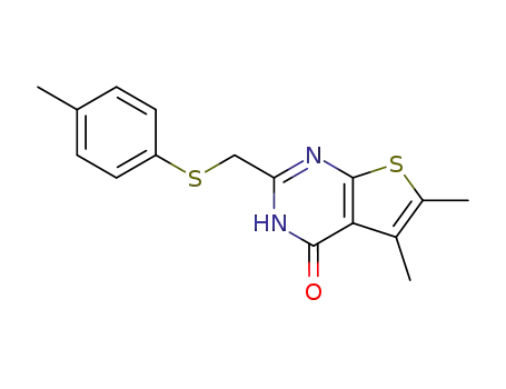 Molecular Structure of 91225-73-9 (Thieno[2,3-d]pyrimidin-4(1H)-one,
5,6-dimethyl-2-[[(4-methylphenyl)thio]methyl]-)