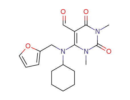 Molecular Structure of 182358-25-4 (5-Pyrimidinecarboxaldehyde,
6-[cyclohexyl(2-furanylmethyl)amino]-1,2,3,4-tetrahydro-1,3-dimethyl-2,4
-dioxo-)
