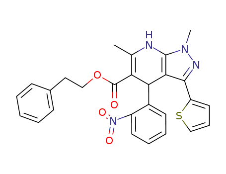Molecular Structure of 118431-38-2 (1,6-Dimethyl-4-(2-nitro-phenyl)-3-thiophen-2-yl-4,7-dihydro-1H-pyrazolo[3,4-b]pyridine-5-carboxylic acid phenethyl ester)