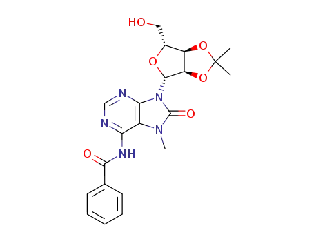 Molecular Structure of 88420-67-1 (Adenosine,
N-benzoyl-7,8-dihydro-7-methyl-2',3'-O-(1-methylethylidene)-8-oxo-)