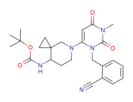 Molecular Structure of 1232542-25-4 (tert-butyl 5-(3-(2-cyanobenzyl)-1-methyl-2,6-dioxo-1,2,3,6-tetrahydropyrimidin-4-yl)5-azaspiro[2.5]octan-8-ylcarbamate)