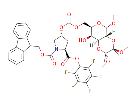Molecular Structure of 683210-94-8 ((2S,4R)-4-((2R,3R,4aR,5S,7R,8S,8aS)-8-Hydroxy-2,3,5-trimethoxy-2,3-dimethyl-hexahydro-pyrano[3,4-b][1,4]dioxin-7-ylmethoxycarbonyloxy)-pyrrolidine-1,2-dicarboxylic acid 1-(9H-fluoren-9-ylmethyl) ester 2-pentafluorophenyl ester)