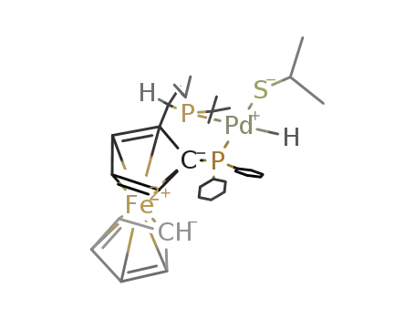 Molecular Structure of 1154042-92-8 ([Pd(1-dicyclohexylphosphino-2-di-tert-butylphosphinoethylferrocene)(H)(2-propanethiolate)])