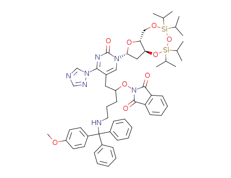 Molecular Structure of 194595-78-3 (2-{4-{[(4-Methoxy-phenyl)-diphenyl-methyl]-amino}-1-[2-oxo-1-((2R,3aS,9aR)-5,5,7,7-tetraisopropyl-tetrahydro-1,4,6,8-tetraoxa-5,7-disila-cyclopentacycloocten-2-yl)-4-[1,2,4]triazol-1-yl-1,2-dihydro-pyrimidin-5-ylmethyl]-butoxy}-isoindole-1,3-dione)