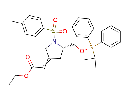 Molecular Structure of 569656-77-5 (Acetic acid,
[(5S)-5-[[[(1,1-dimethylethyl)diphenylsilyl]oxy]methyl]-1-[(4-methylphenyl)
sulfonyl]-3-pyrrolidinylidene]-, ethyl ester)