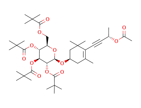 Molecular Structure of 322474-84-0 (2,2-Dimethyl-propionic acid (2R,3R,4S,5R,6R)-2-[(R)-4-((S)-3-acetoxy-but-1-ynyl)-3,5,5-trimethyl-cyclohex-3-enyloxy]-3,5-bis-(2,2-dimethyl-propionyloxy)-6-(2,2-dimethyl-propionyloxymethyl)-tetrahydro-pyran-4-yl ester)