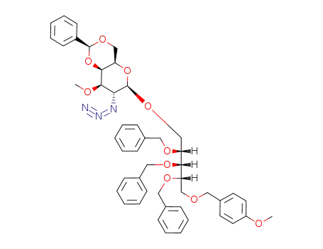 Molecular Structure of 230620-42-5 (1-O-(2-azido-4,6-O-benzylidene-2-deoxy-3-O-methyl-β-D-galactopyranosyl) 5-O-p-methoxybenzyl-2,3,4-tri-O-benzyl-L-ribitol)