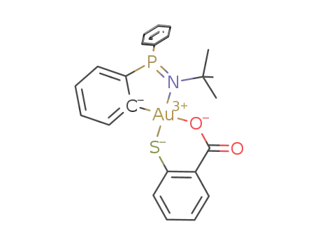 Molecular Structure of 1180491-99-9 (((C<sub>6</sub>H<sub>4</sub>S(COO))AuC<sub>6</sub>H<sub>4</sub>)(C<sub>6</sub>H<sub>5</sub>)2PNC(CH<sub>3</sub>)3)