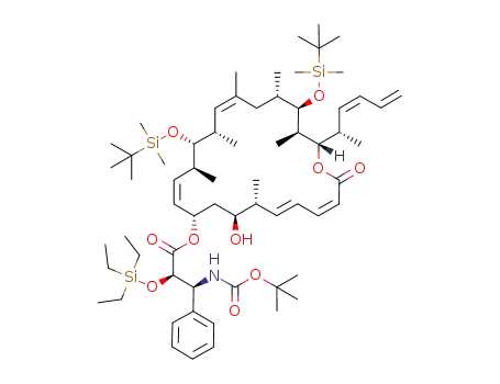 Molecular Structure of 1207166-53-7 (3-tert-butoxycarbonylamino-3-phenyl-2-triethylsilanyloxy-propionic acid 14,20-bis(tert-butyl-dimethyl-silanyloxy)-8-hydroxy-7,13,15,17,19,21-hexamethyl-22-(1-methyl-penta-2,4-dienyl)-2-oxo-oxacyclodocosa-3,5,11,16-tetraen-10-yl ester)