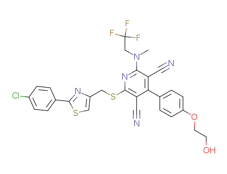 Molecular Structure of 1239235-04-1 (2-({(2-(4-chlorophenyl)-1,3-thiazol-4-yl)methyl}sulfanyl)-4-(4-(2-hydroxyethoxy)phenyl)-6-(methyl(2,2,2-trifluoroethyl)amino)pyridine-3,5-dicarbonitrile)