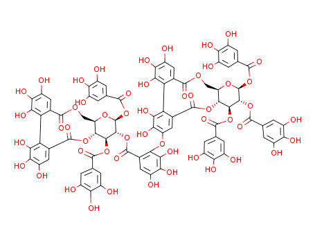 Molecular Structure of 126594-58-9 (b-D-Glucopyranose, cyclic 4®2:6®2'-[(1S)-4-(6-carboxy-2,3,4-trihydroxyphenoxy)-4',5,5',6,6'-pentahydroxy[1,1'-biphenyl]-2,2'-dicarboxylate]1,2,3-tris(3,4,5-trihydroxybenzoate), 2-ester with b-D-glucopyranose cyclic4,6-[(1S)-4,4',5,5',6,6'-hexahydroxy[1,1'-biphenyl]-2,2'-dicarboxylate]1,3-bis(3,4,5-trihydroxybenzoate) (9CI))