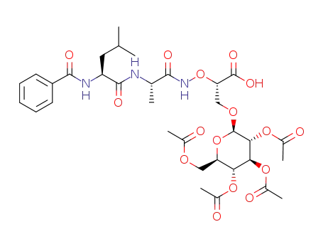 Molecular Structure of 488702-52-9 ((S)-2-[(S)-2-((S)-2-Benzoylamino-4-methyl-pentanoylamino)-propionylaminooxy]-3-((2R,3R,4S,5R,6R)-3,4,5-triacetoxy-6-acetoxymethyl-tetrahydro-pyran-2-yloxy)-propionic acid)