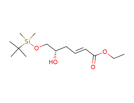 Molecular Structure of 337508-94-8 (2-Hexenoic acid, 6-[[(1,1-dimethylethyl)dimethylsilyl]oxy]-5-hydroxy-,
ethyl ester, (2E,5S)-)