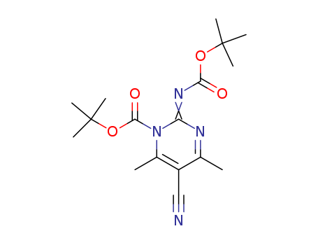 Click for larger view. Molecular Structure of 368426-93-1 (1(2H)-Pyrimidinecarboxylic acid, 5-cyano-2-[[(1,1-dimethylethoxy)carbonyl]imino]-4,6-dimethyl-, 1,1-dimethylethyl ester)