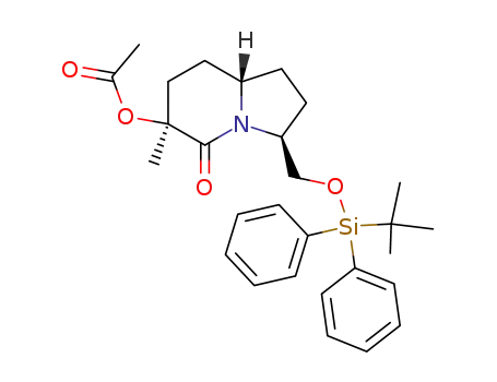 Molecular Structure of 267661-42-7 (Acetic acid (3S,6S,8aS)-3-(tert-butyl-diphenyl-silanyloxymethyl)-6-methyl-5-oxo-octahydro-indolizin-6-yl ester)
