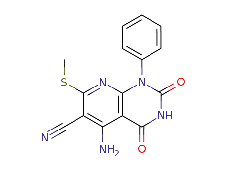 Molecular Structure of 90254-48-1 (Pyrido[2,3-d]pyrimidine-6-carbonitrile,
5-amino-1,2,3,4-tetrahydro-7-(methylthio)-2,4-dioxo-1-phenyl-)