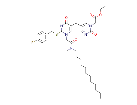 Molecular Structure of 259532-13-3 ({5-[1-[(dodecyl-methyl-carbamoyl)-methyl]-2-(4-fluoro-benzylsulfanyl)-4-oxo-1,4-dihydro-pyrimidin-5-ylmethyl]-2-oxo-2<i>H</i>-pyrimidin-1-yl}-acetic acid ethyl ester)
