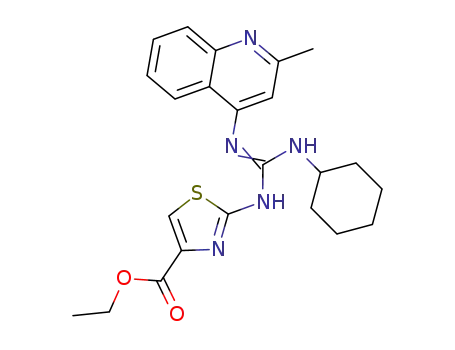 4-Thiazolecarboxylic acid, 2-(((cyclohexylamino)((2-methyl-4-quinolinyl)amino)methylene)amino)-, ethyl ester