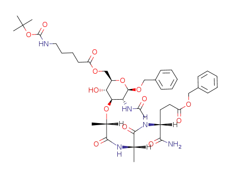 N-<2-O-(benzyl 2-acetamido-6-O-< 5-(tert-butoxycarbonylamino)pentanoyl>-2,3-dideoxy-β-D-glucopyranosid-3-yl)-D-lactoyl>-L-alanyl-D-isoglutamine benzyl ester