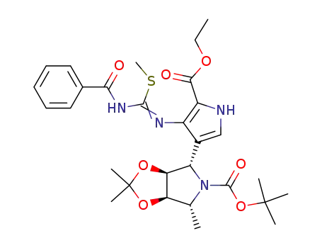 Molecular Structure of 222631-42-7 (5H-1,3-Dioxolo4,5-cpyrrole-5-carboxylic acid, 4-4-(benzoylamino)(methylthio)methyleneamino-5-(ethoxycarbonyl)-1H-pyrrol-3-yltetrahydro-2,2,6-trimethyl-, 1,1-dimethylethyl ester, (3aS,4S,6R,6aR)-)