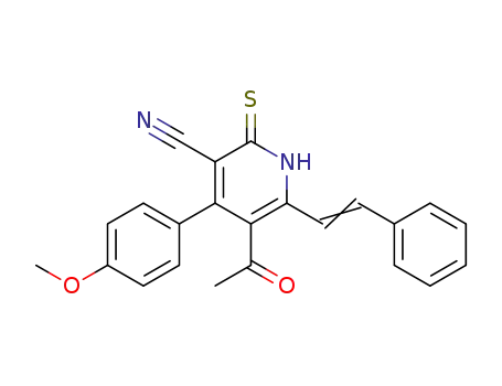 Molecular Structure of 135781-57-6 (3-Pyridinecarbonitrile,
5-acetyl-1,2-dihydro-4-(4-methoxyphenyl)-6-(2-phenylethenyl)-2-thioxo-)