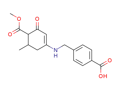 Molecular Structure of 142458-08-0 (4-[(4-Methoxycarbonyl-5-methyl-3-oxo-cyclohex-1-enylamino)-methyl]-benzoic acid)
