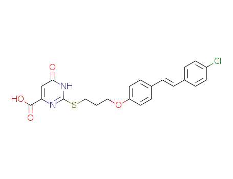 Molecular Structure of 127066-87-9 (2-(3-{4-[(E)-2-(4-Chloro-phenyl)-vinyl]-phenoxy}-propylsulfanyl)-6-oxo-1,6-dihydro-pyrimidine-4-carboxylic acid)