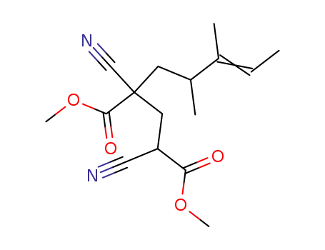Molecular Structure of 77257-21-7 (2,4-Dicyano-2-((E)-2,3-dimethyl-pent-3-enyl)-pentanedioic acid dimethyl ester)