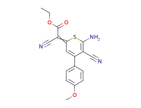 Molecular Structure of 89507-36-8 (Acetic acid,
[6-amino-5-cyano-4-(4-methoxyphenyl)-2H-thiopyran-2-ylidene]cyano-,
ethyl ester)