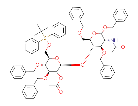 Molecular Structure of 88676-33-9 (benzyl 2-acetamido-4-O-<2-O-acetyl-3,4-di-O-benzyl-6-O-(tert-butyldiphenylsilyl)-β-D-glucopyranosyl>-3,6-di-O-benzyl-2-deoxy-α-D-glucopyranoside)